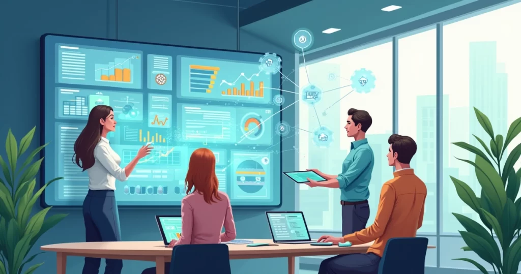 Processo de automatização empresarial com gráficos, computadores e pessoas interagindo com tecnologia