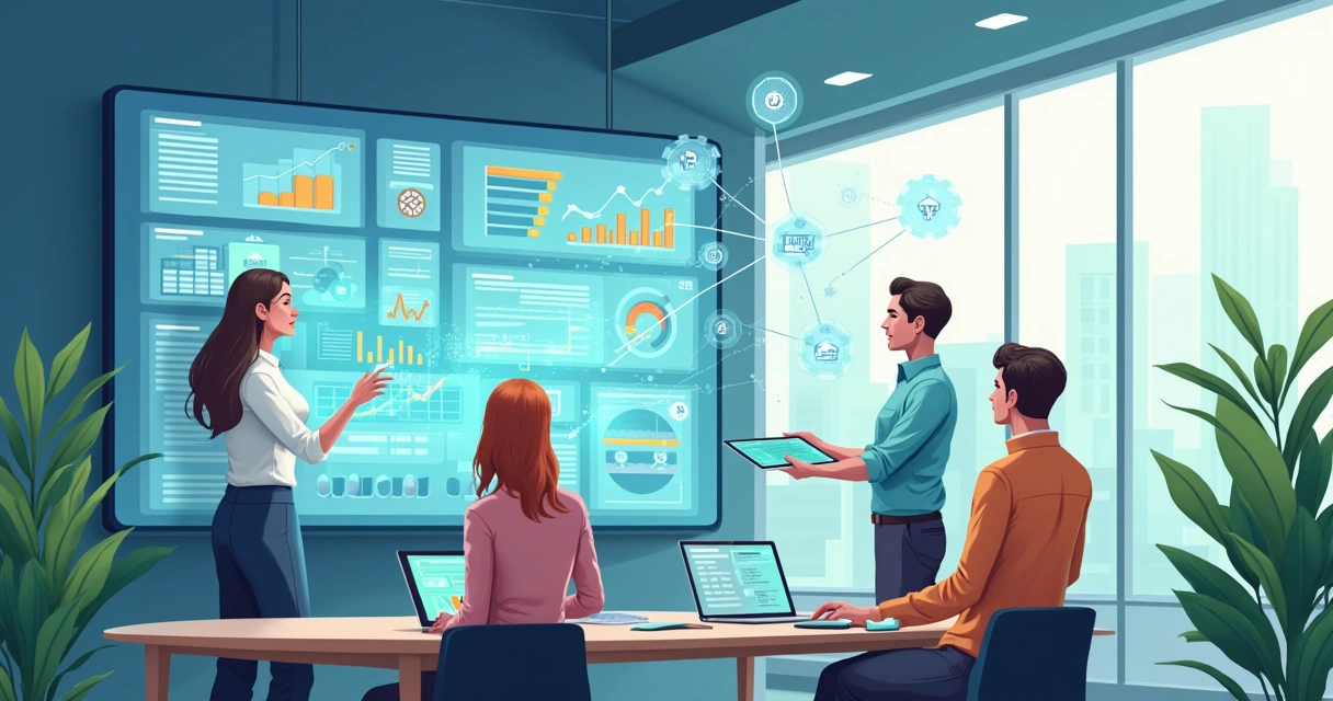 Processo de automatização empresarial com gráficos, computadores e pessoas interagindo com tecnologia
