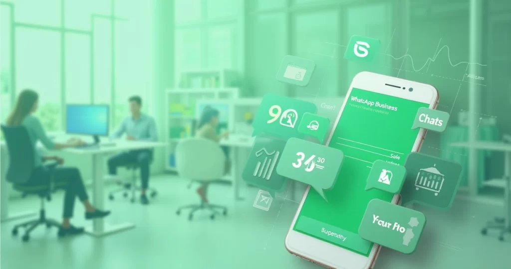 Interface do WhatsApp Business mostrada em um smartphone com mensagens de vendas e atendimento