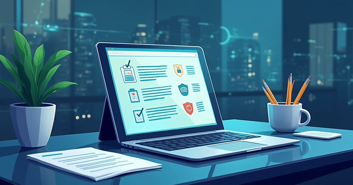 Checklist de segurança e compliance em TI com documentos e ícones tecnológicos