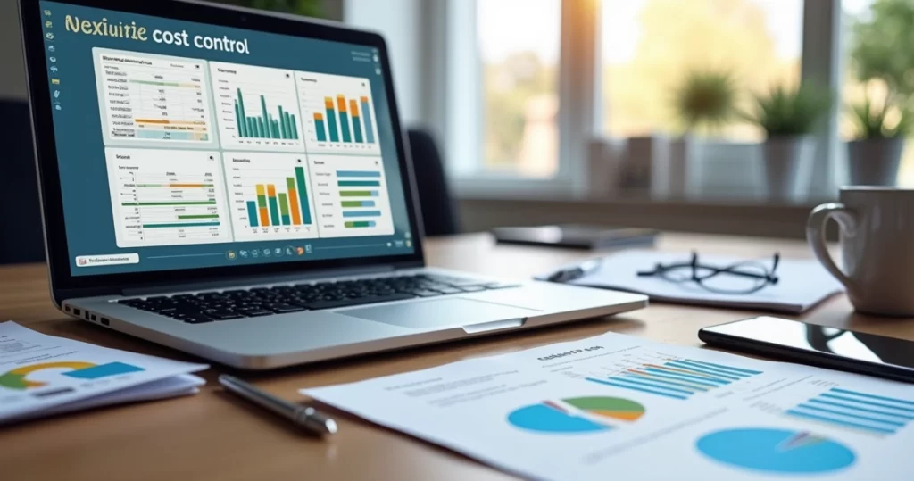 Mesa de trabalho com notebook, planilhas digitais e gráficos de controle de custos sendo analisados