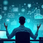 Ilustração de um profissional analisando gráficos financeiros digitais com ícones de nuvem e tecnologia ao fundo