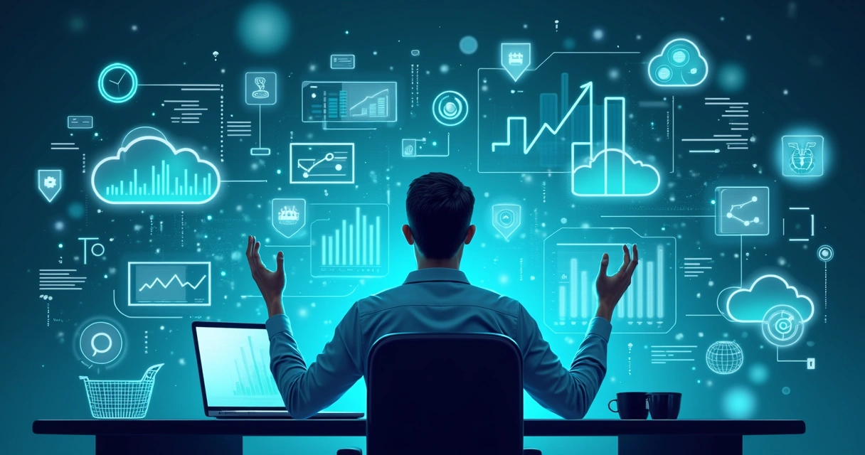 Ilustração de um profissional analisando gráficos financeiros digitais com ícones de nuvem e tecnologia ao fundo