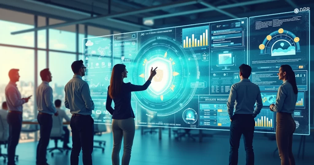 Gestores analisando gráficos e dados em telas digitais sobre governança de TI em ambiente empresarial moderno