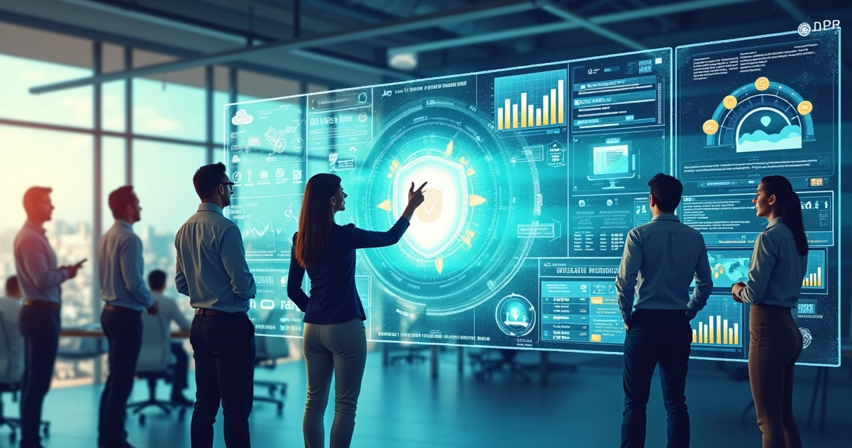 Gestores analisando gráficos e dados em telas digitais sobre governança de TI em ambiente empresarial moderno