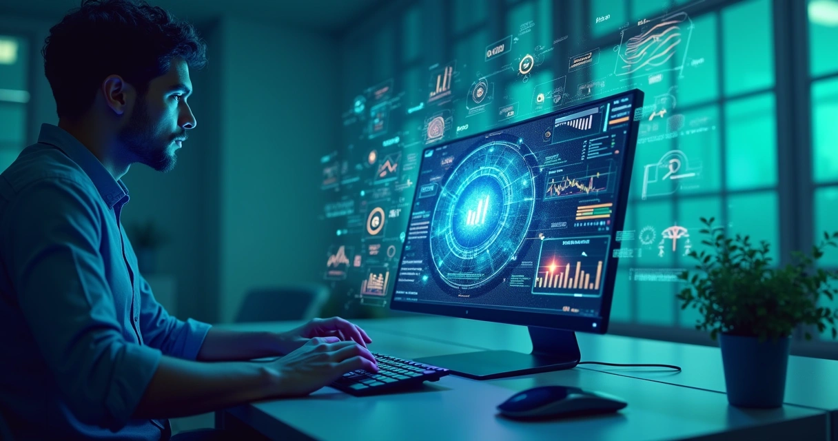 Ilustração digital de inteligência artificial auxiliando na análise financeira de uma empresa, com gráficos, dados e ícones financeiros flutuando ao redor de um computador moderno