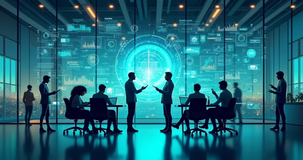 Representação gráfica de inteligência artificial integrada em gestão empresarial com equipe e gráficos digitais