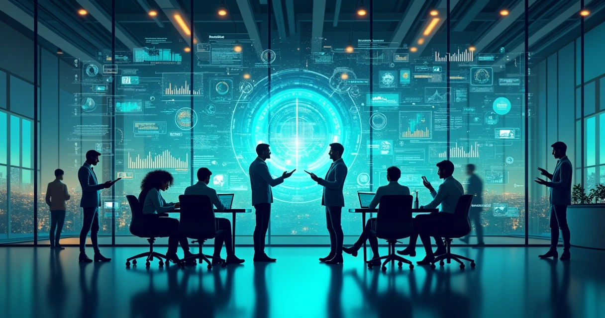 Representação gráfica de inteligência artificial integrada em gestão empresarial com equipe e gráficos digitais