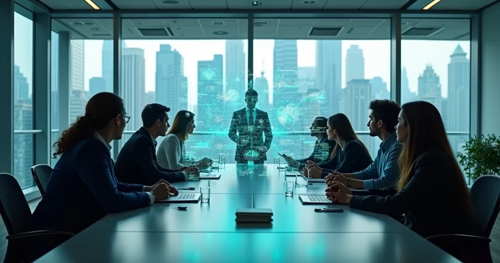 Mesa de reunião com equipe analisando gráficos digitais de IA projetados no ar
