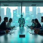 Mesa de reunião com equipe analisando gráficos digitais de IA projetados no ar