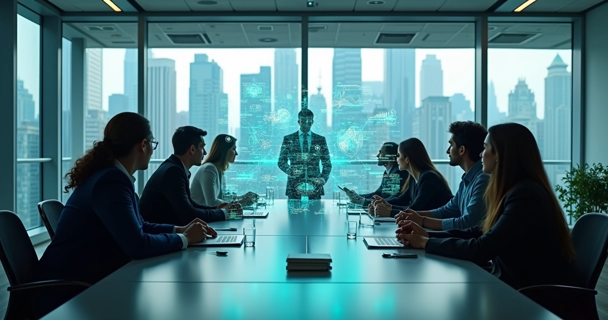 Mesa de reunião com equipe analisando gráficos digitais de IA projetados no ar