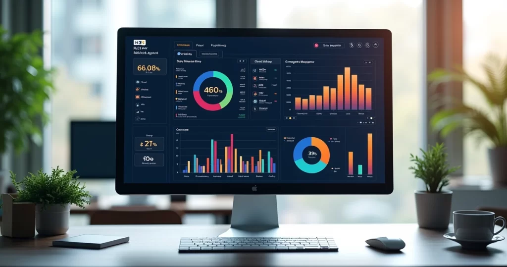 Computador com dashboard de IA para RH mostrando gráficos e análises de gestão de pessoas, em escritório moderno e iluminado