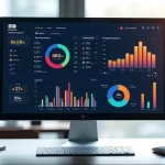 Computador com dashboard de IA para RH mostrando gráficos e análises de gestão de pessoas, em escritório moderno e iluminado