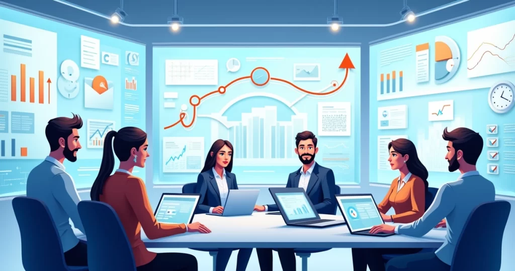 Equipe profissional colaborando em processos empresariais integrados em escritório moderno com gráficos e telas digitais