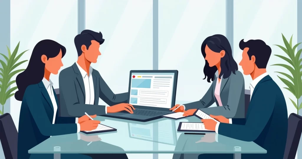 Equipe em reunião comercial usando roteiro digital com inteligência artificial