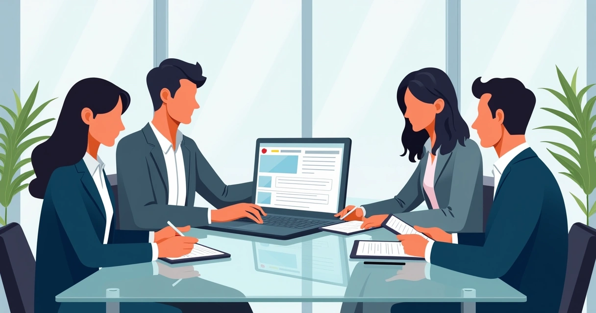 Equipe em reunião comercial usando roteiro digital com inteligência artificial