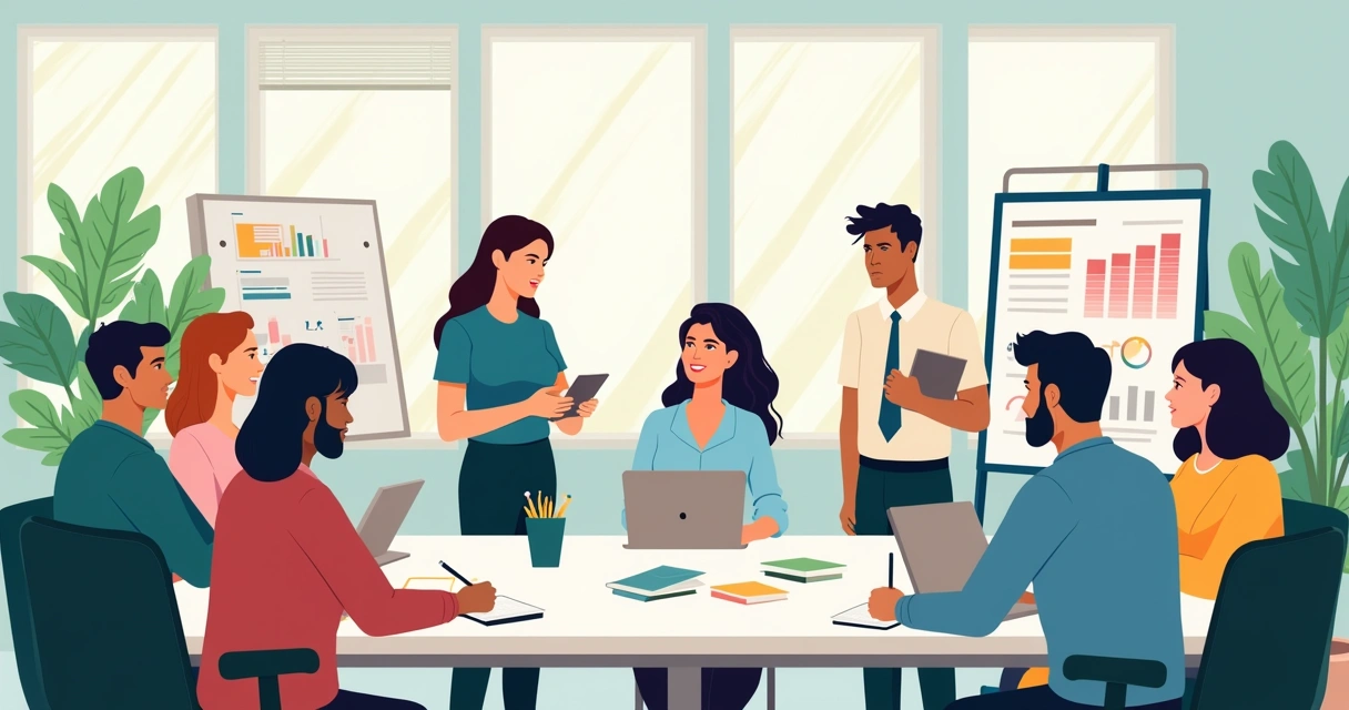 Equipe em reunião colaborativa com ambiente de trabalho moderno e feedback estruturado