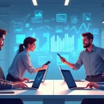 Equipe de vendas interagindo com clientes usando tecnologia digital, telas com gráficos e chatbots