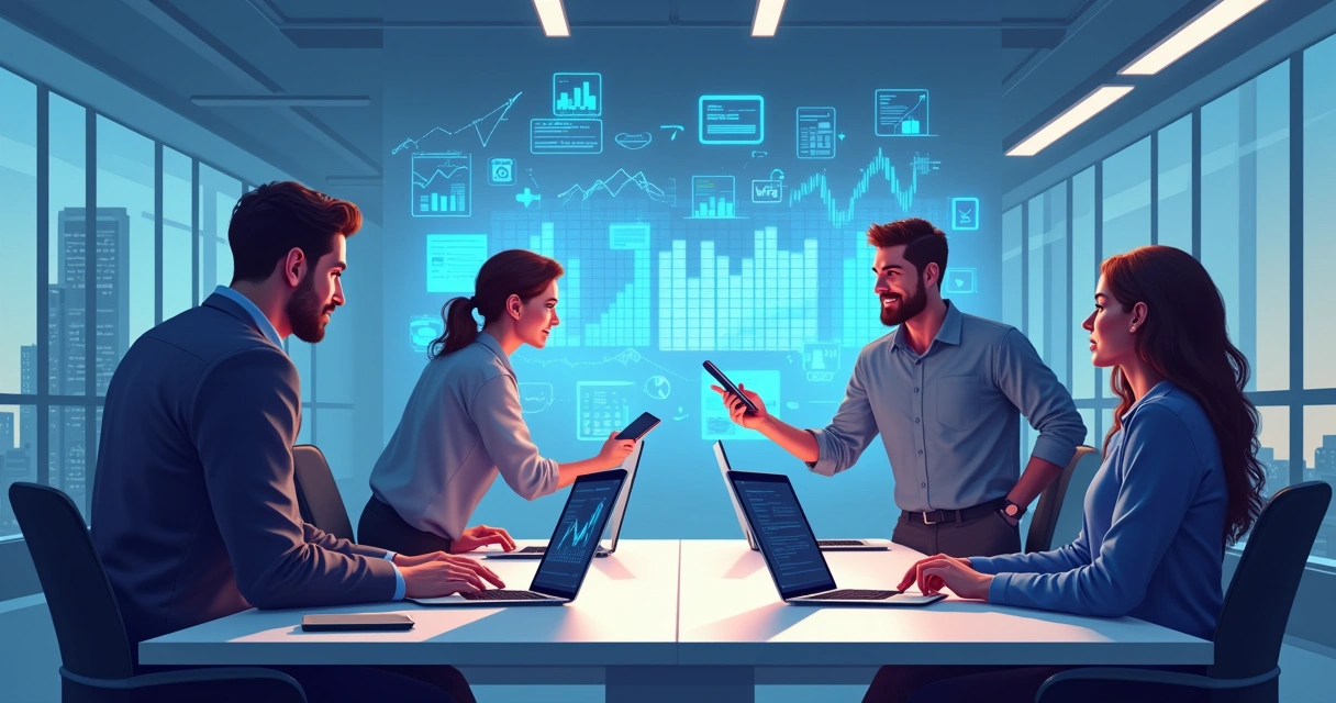 Equipe de vendas interagindo com clientes usando tecnologia digital, telas com gráficos e chatbots