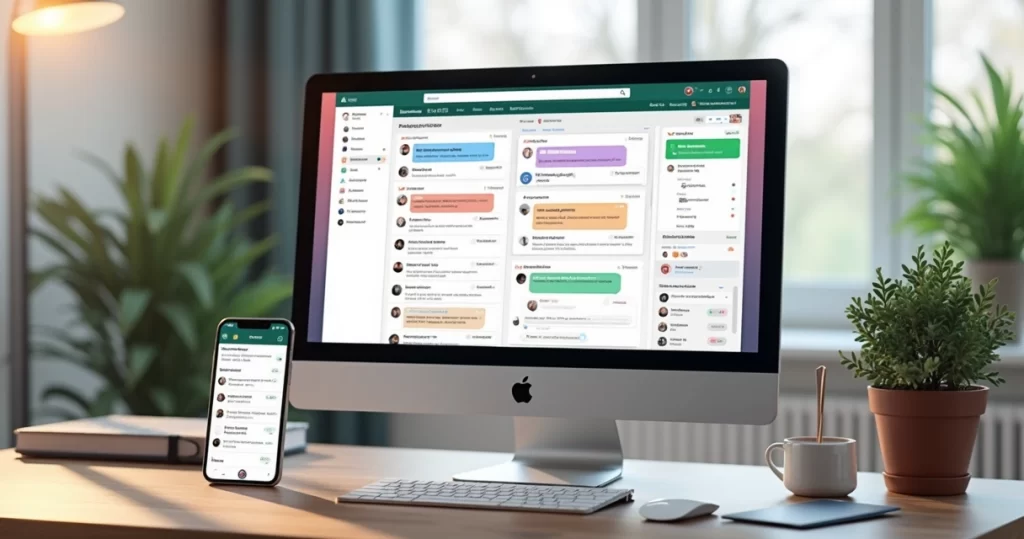 Interface moderna de CRM mostrando WhatsApp, Instagram e Facebook Messenger integrados em uma única tela com layout limpo e organizado