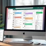Interface moderna de CRM mostrando WhatsApp, Instagram e Facebook Messenger integrados em uma única tela com layout limpo e organizado