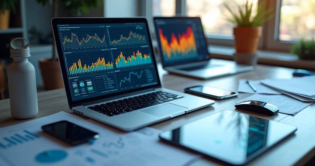 Mesa com múltiplos dispositivos digitais exibindo gráficos de compliance e segurança em TI