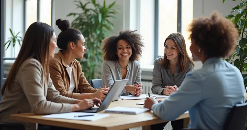 Equipe de profissionais em reunião colaborativa com laptops e blocos de anotações na mesa do escritório moderno