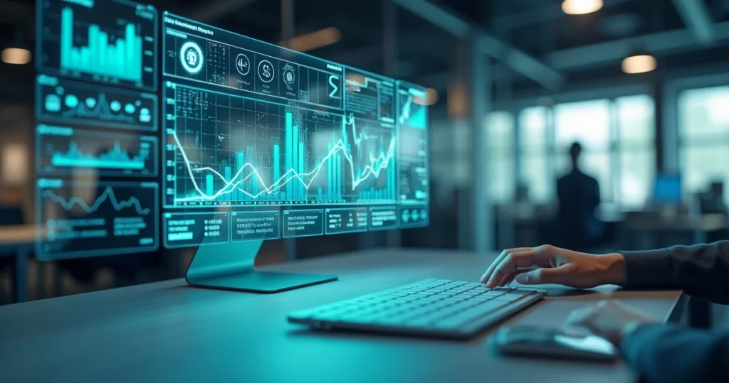 Ambiente corporativo moderno com telas digitais mostrando gráficos financeiros e elementos de inteligência artificial