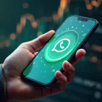 Smartphone mostrando conversa ativa no WhatsApp Business API com gráficos de vendas ao fundo